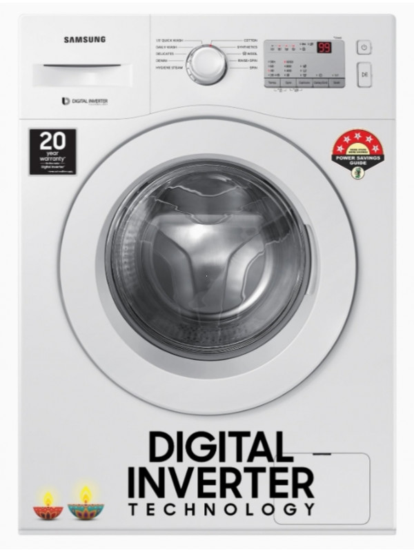 Washing Machine: Samsung 6 kg, 5 star, Digital Inverter Motor, Fully-Automatic Front Load Washing Machine (WW60R20GLMA/TL, Hygiene Steam, DA WHITE)